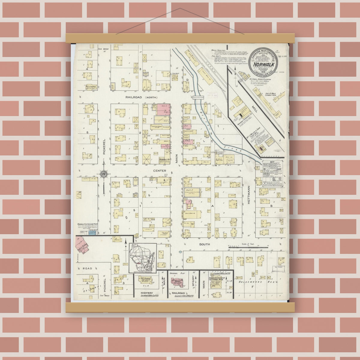 Old map wall art mockup — magnetic wood frame on brick wall — Sanborn Fire Insurance Map from Norwalk, Monroe County, Wisconsin (1914), Sheet #0001