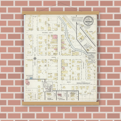 Old map wall art mockup — magnetic wood frame on brick wall — Sanborn Fire Insurance Map from Norwalk, Monroe County, Wisconsin (1914), Sheet #0001