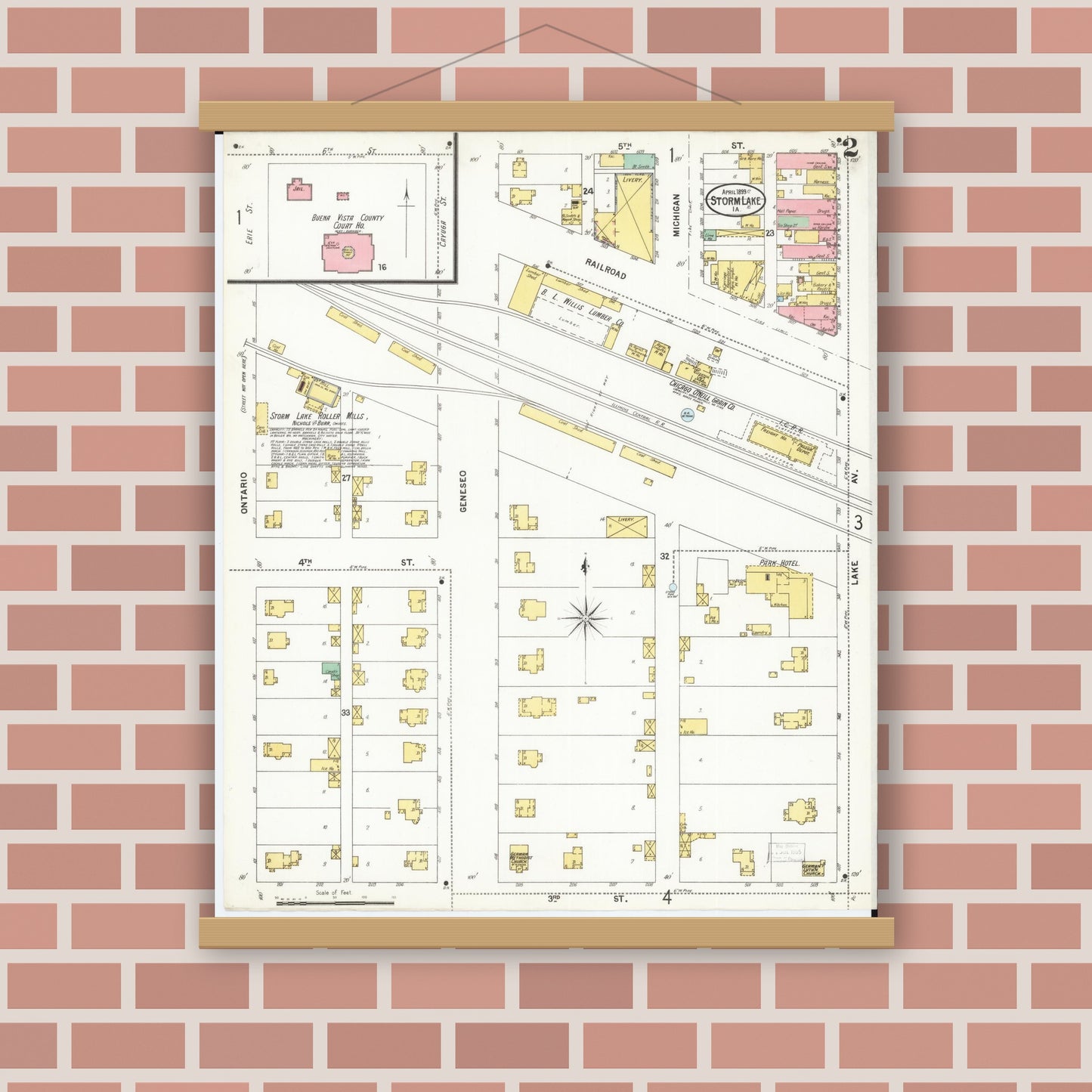 Old map wall art mockup — magnetic wood frame on brick wall — Sanborn Fire Insurance Map from Storm Lake, Buena Vista County, Iowa (1899), Sheet #0002