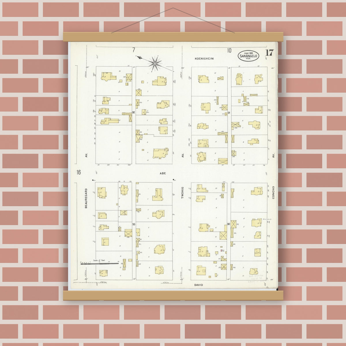 Old map wall art mockup — magnetic wood frame on brick wall — Sanborn Fire Insurance Map from San Angelo, Tom Green County, Texas (1908), Sheet #0017