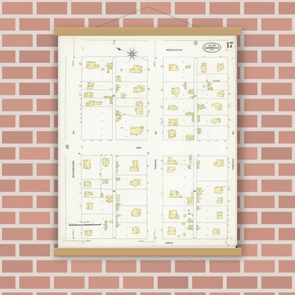 Old map wall art mockup — magnetic wood frame on brick wall — Sanborn Fire Insurance Map from San Angelo, Tom Green County, Texas (1908), Sheet #0017