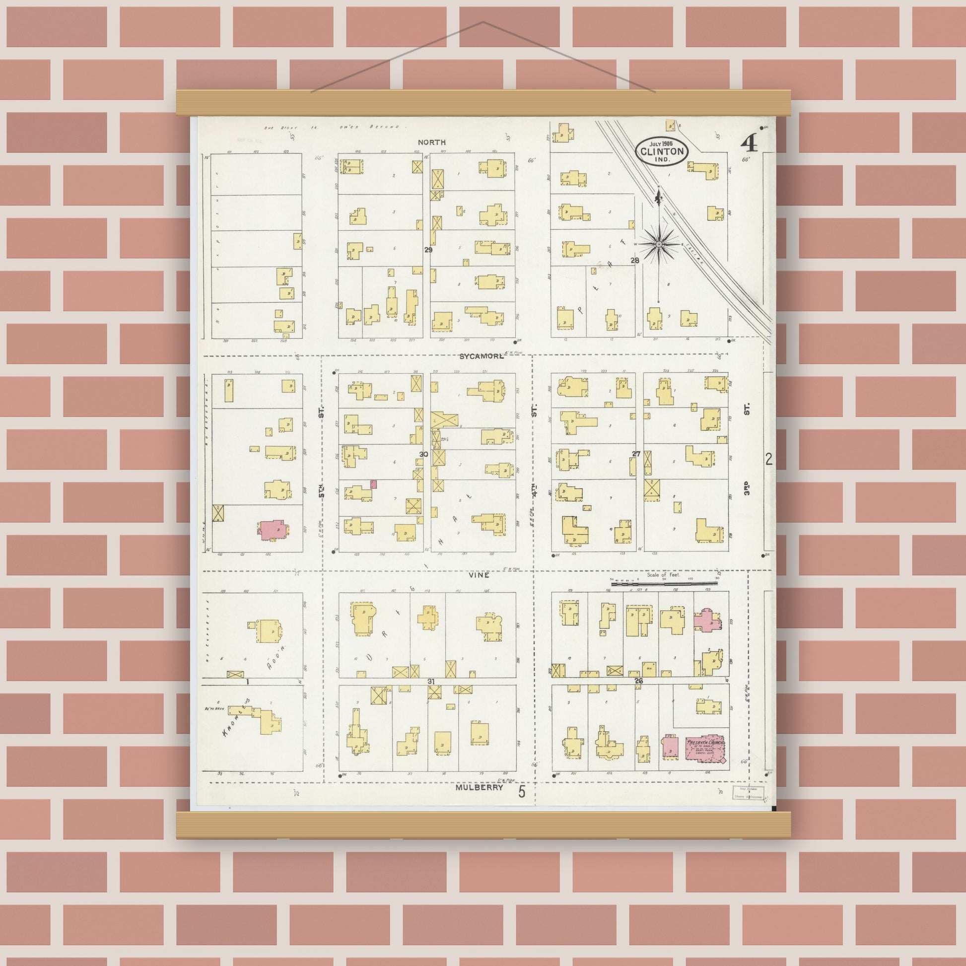 Old map wall art mockup — magnetic wood frame on brick wall — Sanborn Fire Insurance Map from Clinton, Vermillion County, Indiana (1905), Sheet #0004