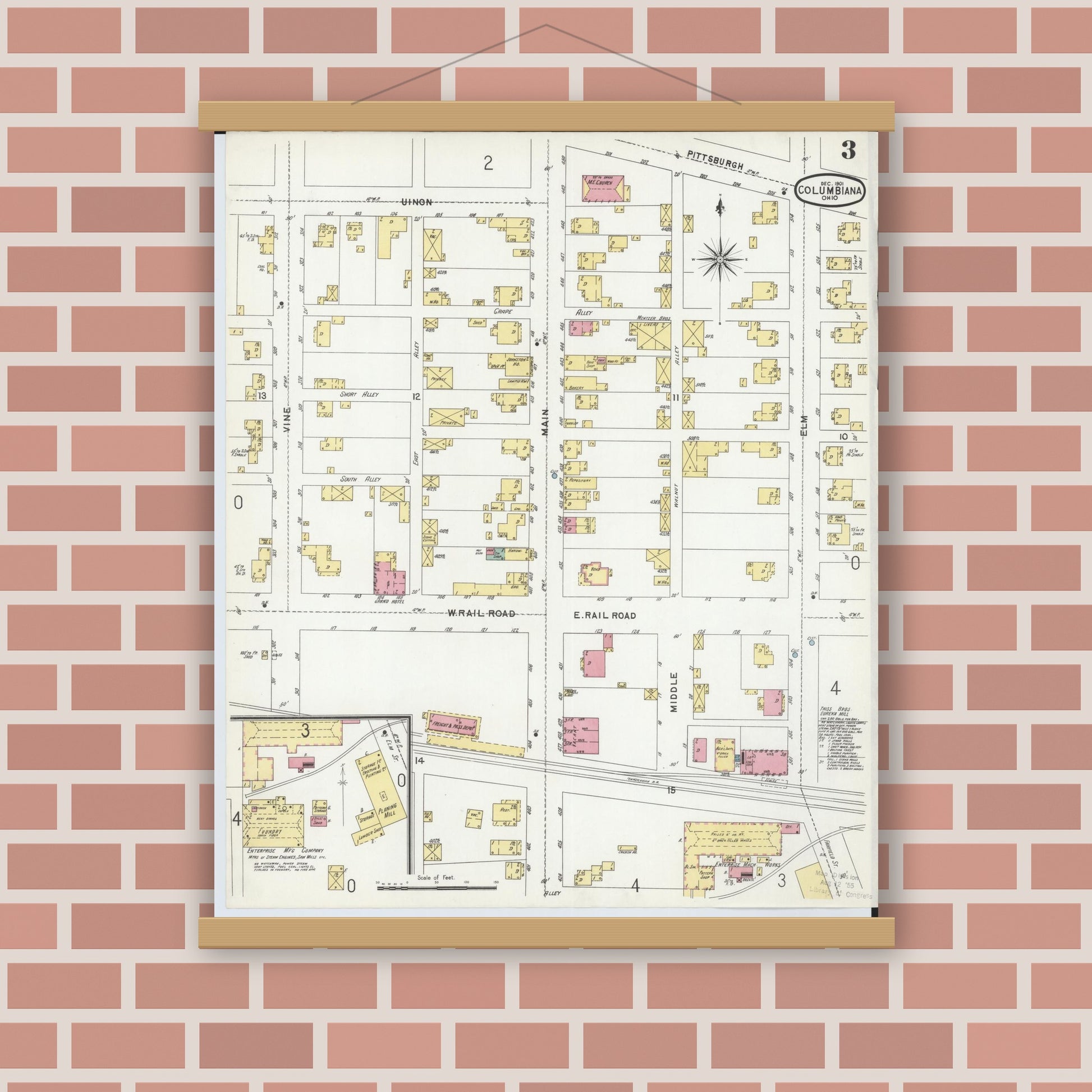 Old map wall art mockup — magnetic wood frame on brick wall — Sanborn Fire Insurance Map from Columbiana, Columbiana County, Ohio (1901), Sheet #0003