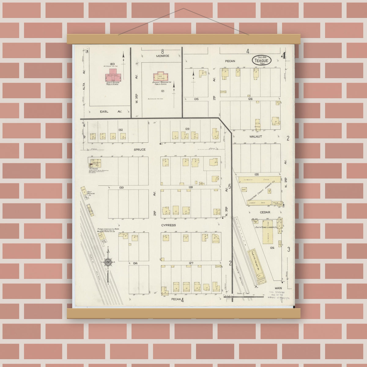 Old map wall art mockup — magnetic wood frame on brick wall — Sanborn Fire Insurance Map from Teague, Freestone County, Texas (1914), Sheet #0004