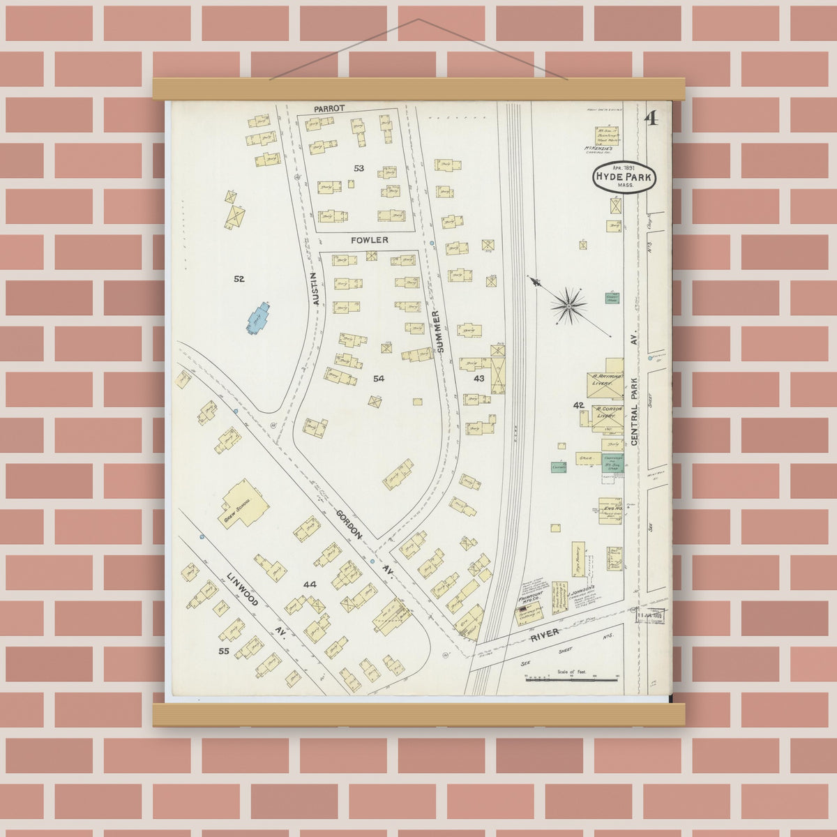 Old map wall art mockup — magnetic wood frame on brick wall — Sanborn Fire Insurance Map from Hyde Park, Norfolk County, Massachusetts (1891), Sheet #0004