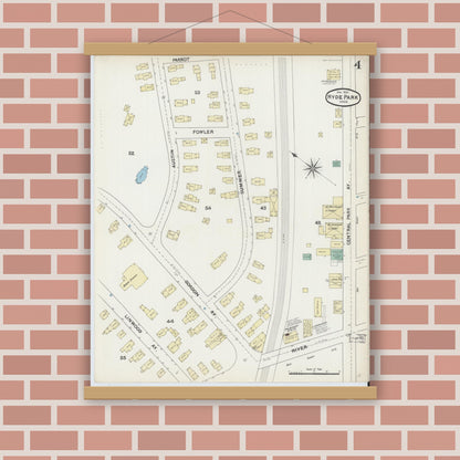 Old map wall art mockup — magnetic wood frame on brick wall — Sanborn Fire Insurance Map from Hyde Park, Norfolk County, Massachusetts (1891), Sheet #0004