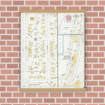 Old map wall art mockup — magnetic wood frame on brick wall — Sanborn Fire Insurance Map from Cadillac, Wexford County, Michigan (1900), Sheet #0007