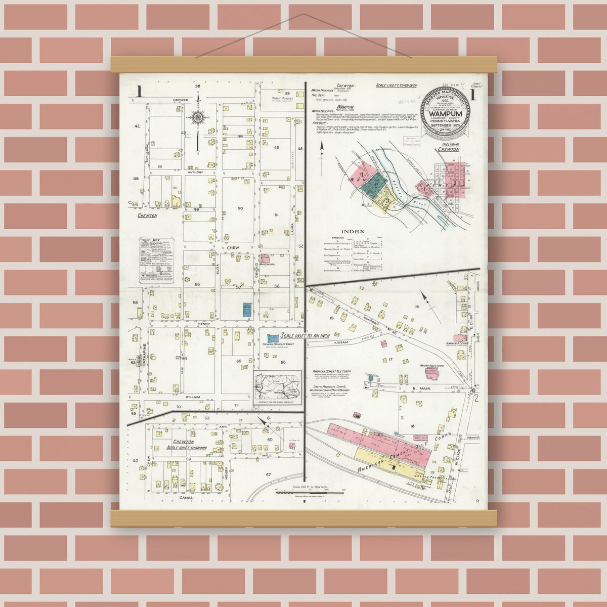 Old map wall art mockup — magnetic wood frame on brick wall — Sanborn Fire Insurance Map from Wampum, Lawrence County, Pennsylvania (1925), Sheet #0001