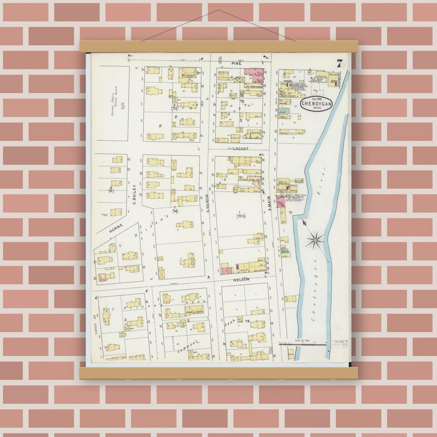 Old map wall art mockup — magnetic wood frame on brick wall — Sanborn Fire Insurance Map from Cheboygan, Cheboygan County, Michigan (1895), Sheet #0007