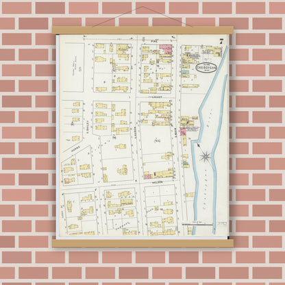 Old map wall art mockup — magnetic wood frame on brick wall — Sanborn Fire Insurance Map from Cheboygan, Cheboygan County, Michigan (1895), Sheet #0007