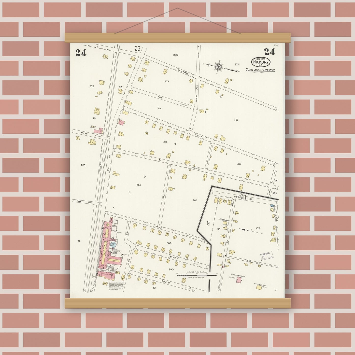 Old map wall art mockup — magnetic wood frame on brick wall — Sanborn Fire Insurance Map from Hickory, Catawba County, North Carolina (1925), Sheet #0024