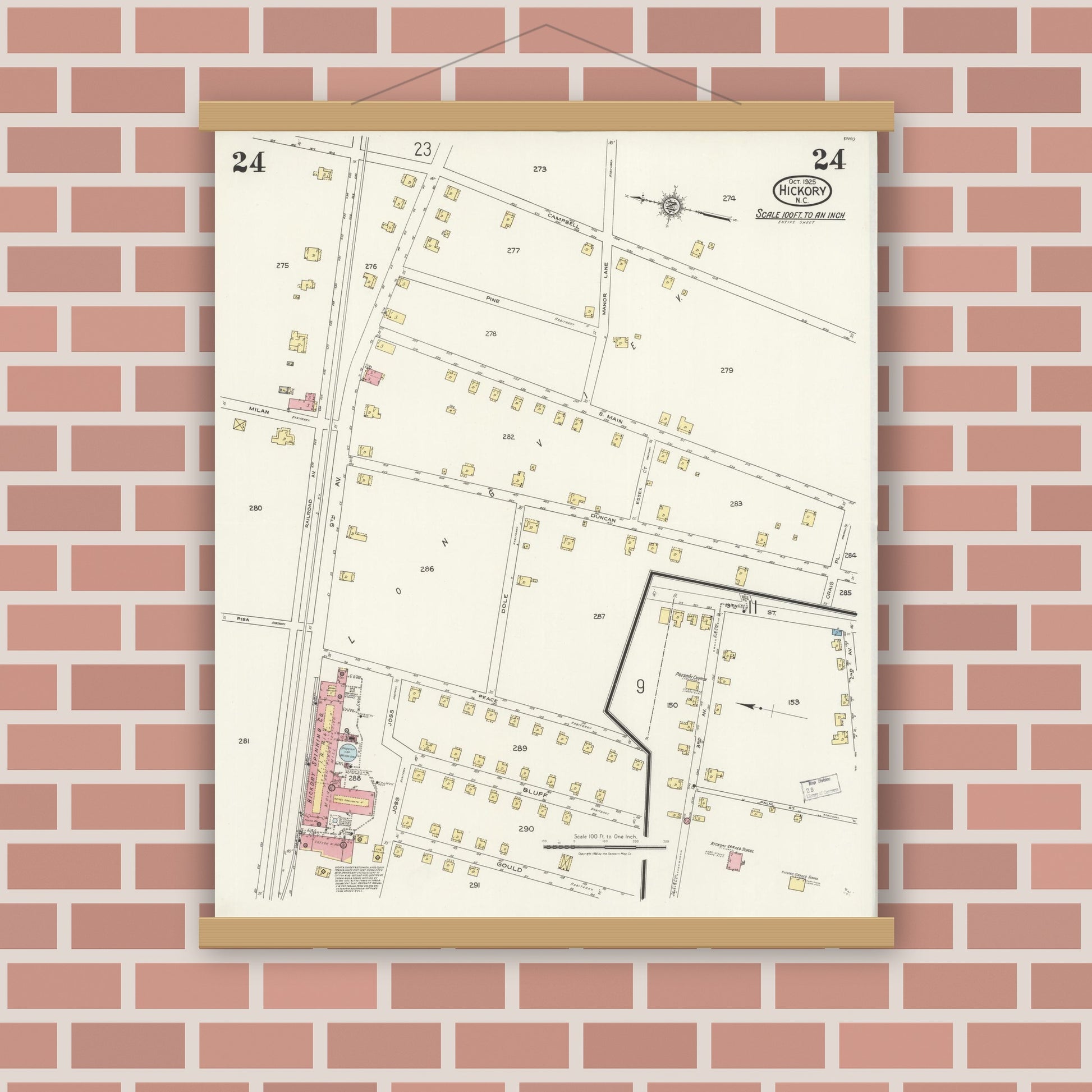 Old map wall art mockup — magnetic wood frame on brick wall — Sanborn Fire Insurance Map from Hickory, Catawba County, North Carolina (1925), Sheet #0024