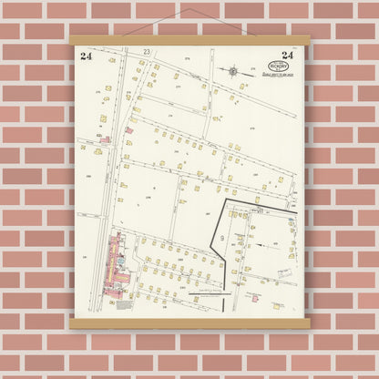 Old map wall art mockup — magnetic wood frame on brick wall — Sanborn Fire Insurance Map from Hickory, Catawba County, North Carolina (1925), Sheet #0024