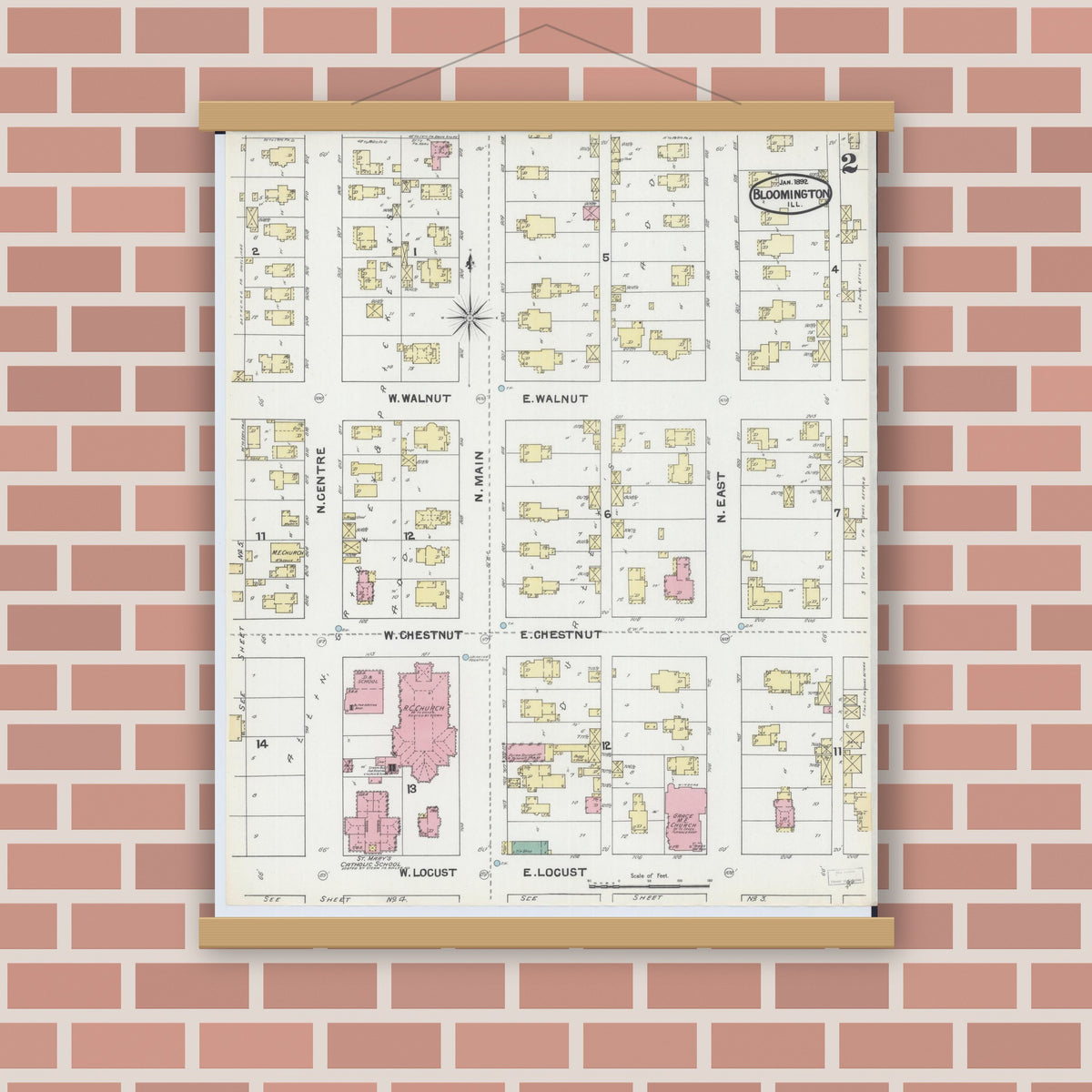 Old map wall art mockup — magnetic wood frame on brick wall — Sanborn Fire Insurance Map from Bloomington, McLean County, Illinois (1892), Sheet #0002