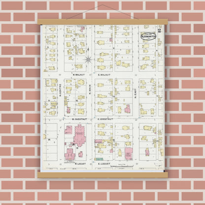 Old map wall art mockup — magnetic wood frame on brick wall — Sanborn Fire Insurance Map from Bloomington, McLean County, Illinois (1892), Sheet #0002