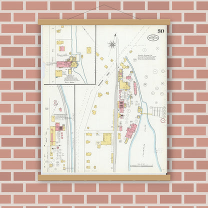 Old map wall art mockup — magnetic wood frame on brick wall — Sanborn Fire Insurance Map from Warren, Warren County, Pennsylvania (1904), Sheet #0030
