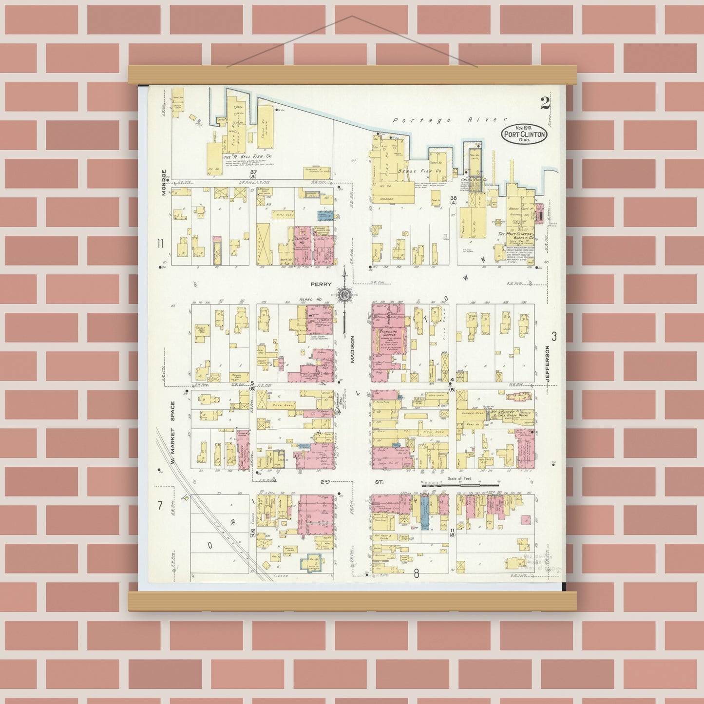 Old map wall art mockup — magnetic wood frame on brick wall — Sanborn Fire Insurance Map from Port Clinton, Ottawa County, Ohio (1910), Sheet #0002