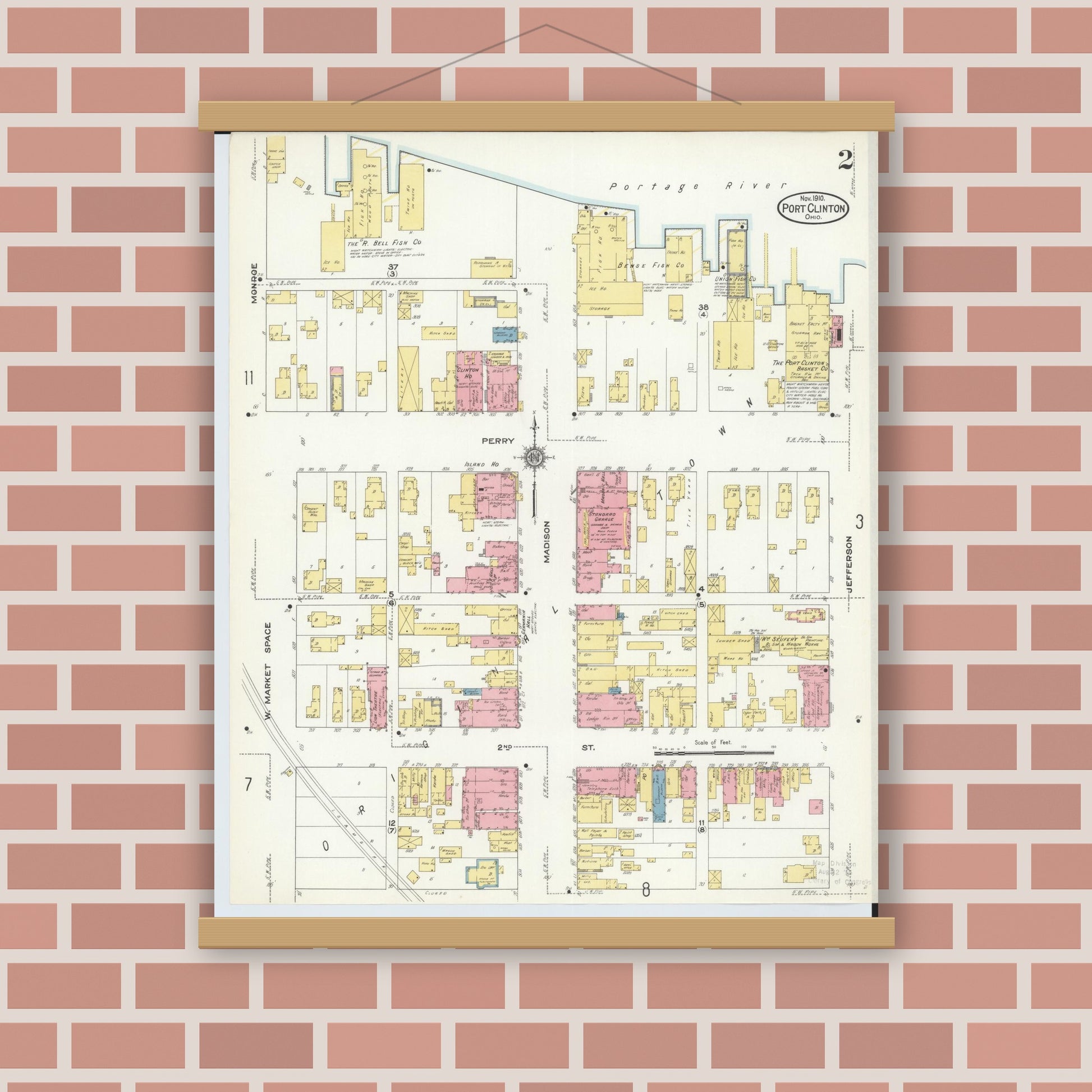 Old map wall art mockup — magnetic wood frame on brick wall — Sanborn Fire Insurance Map from Port Clinton, Ottawa County, Ohio (1910), Sheet #0002