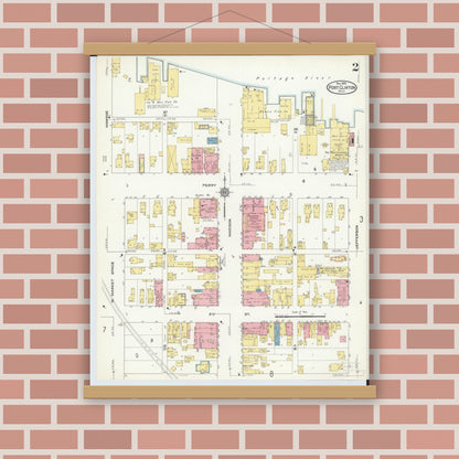 Old map wall art mockup — magnetic wood frame on brick wall — Sanborn Fire Insurance Map from Port Clinton, Ottawa County, Ohio (1910), Sheet #0002