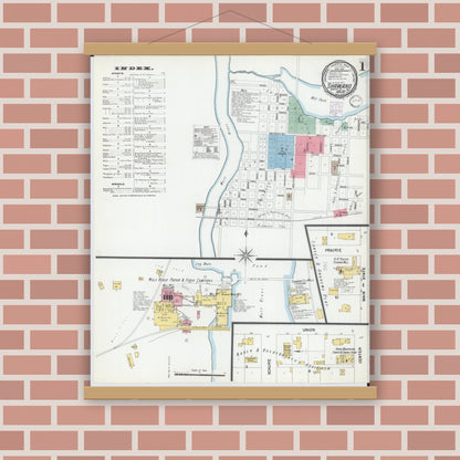 Old map wall art mockup — magnetic wood frame on brick wall — Sanborn Fire Insurance Map from Shawano, Shawano County, Wisconsin (1901) - Complete Map Set
