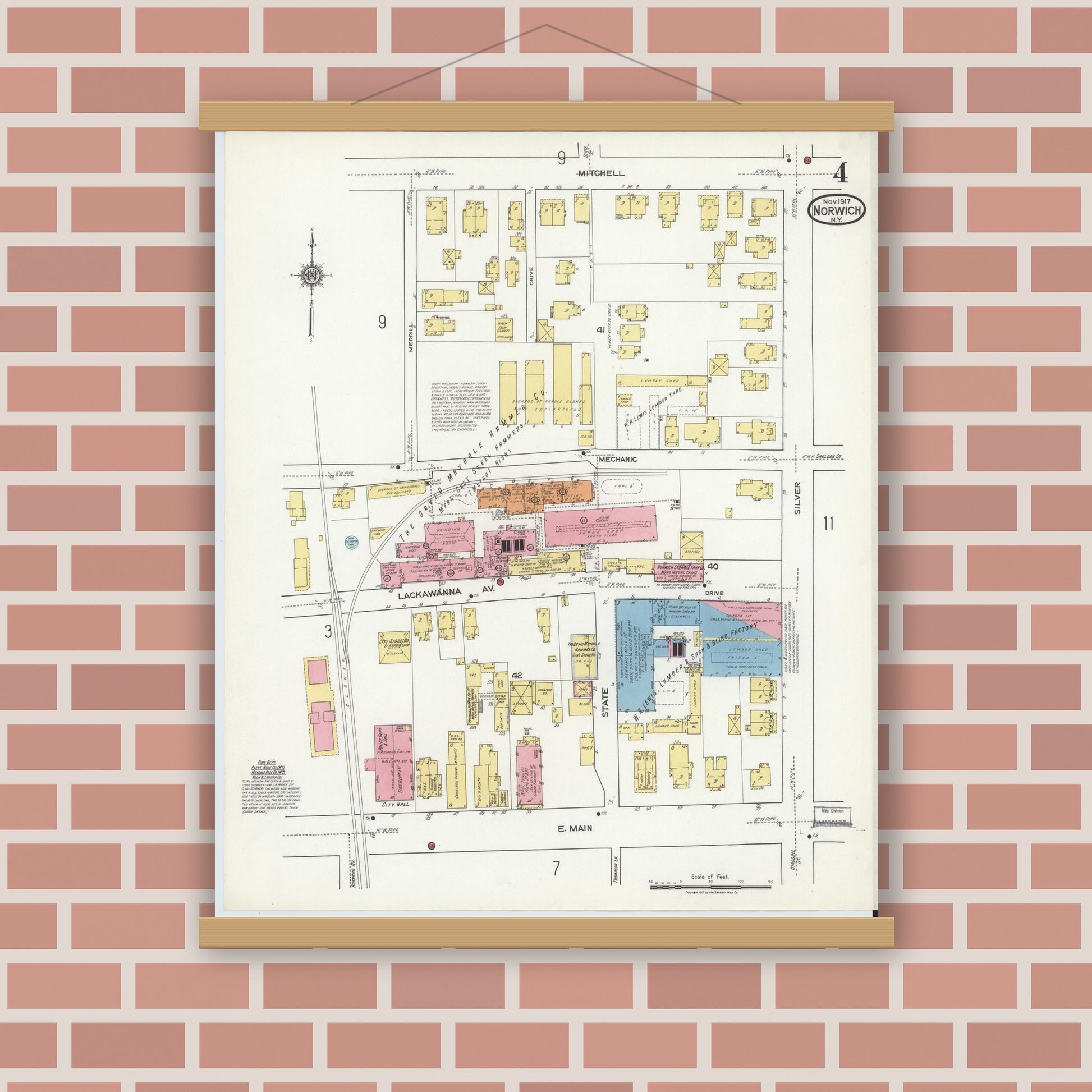 Old map wall art mockup — magnetic wood frame on brick wall — Sanborn Fire Insurance Map from Norwich, Chenango County, New York (1917), Sheet #0004