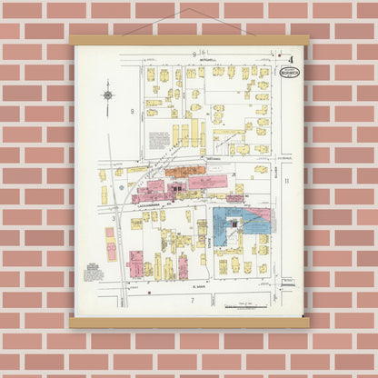 Old map wall art mockup — magnetic wood frame on brick wall — Sanborn Fire Insurance Map from Norwich, Chenango County, New York (1917), Sheet #0004