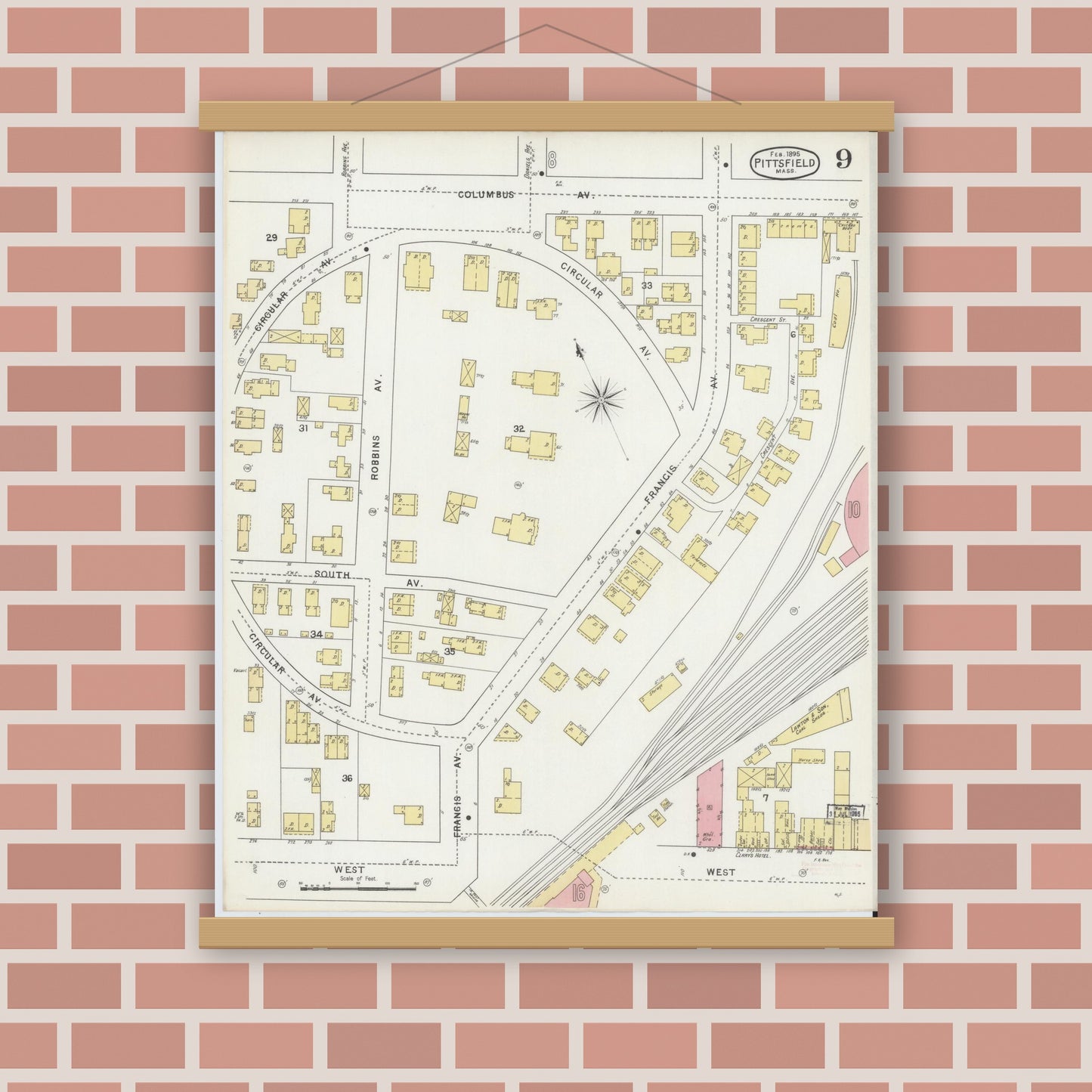 Old map wall art mockup — magnetic wood frame on brick wall — Sanborn Fire Insurance Map from Pittsfield, Berkshire County, Massachusetts (1895), Sheet #0009