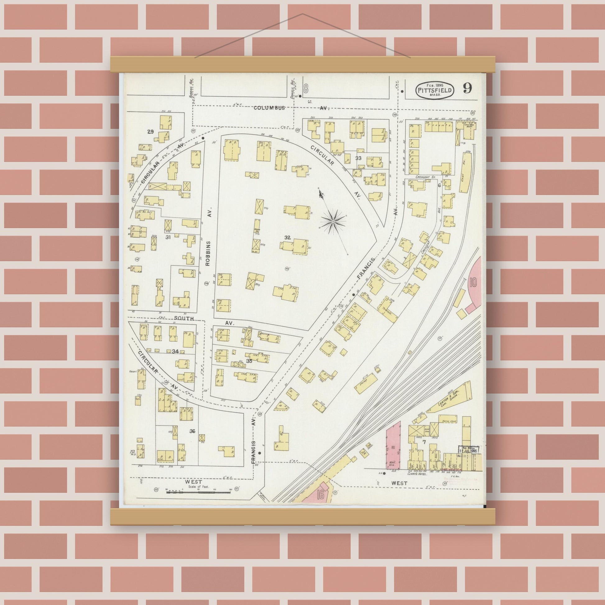 Old map wall art mockup — magnetic wood frame on brick wall — Sanborn Fire Insurance Map from Pittsfield, Berkshire County, Massachusetts (1895), Sheet #0009