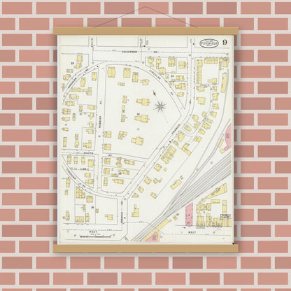 Old map wall art mockup — magnetic wood frame on brick wall — Sanborn Fire Insurance Map from Pittsfield, Berkshire County, Massachusetts (1895), Sheet #0009