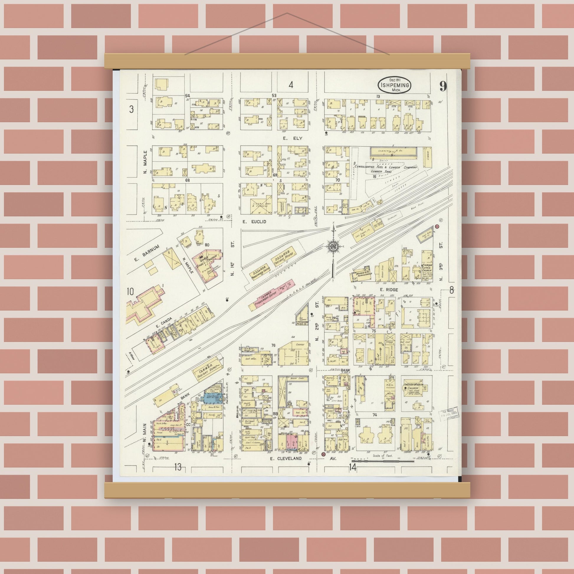 Old map wall art mockup — magnetic wood frame on brick wall — Sanborn Fire Insurance Map from Ishpeming, Marquette County, Michigan (1911), Sheet #0009