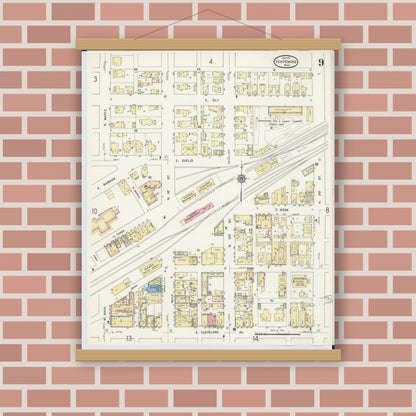 Old map wall art mockup — magnetic wood frame on brick wall — Sanborn Fire Insurance Map from Ishpeming, Marquette County, Michigan (1911), Sheet #0009