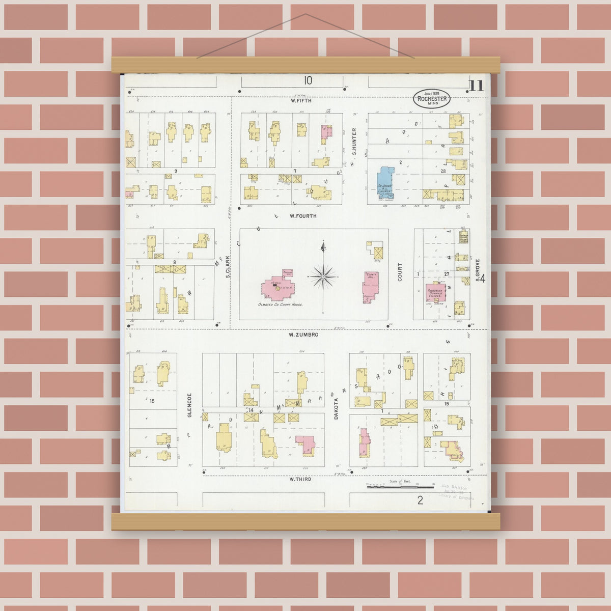 Old map wall art mockup — magnetic wood frame on brick wall — Sanborn Fire Insurance Map from Rochester, Olmsted County, Minnesota (1899), Sheet #0011