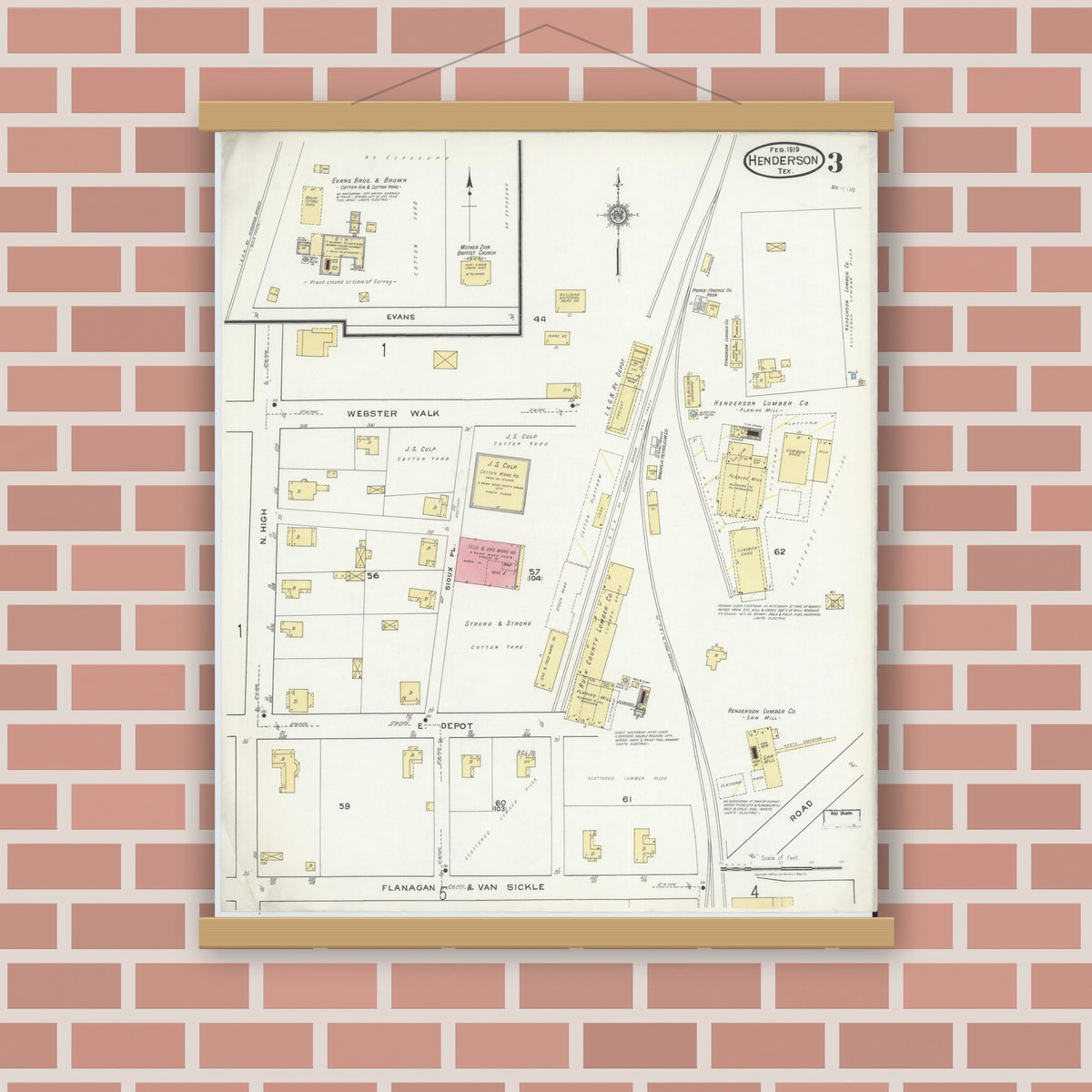 Old map wall art mockup — magnetic wood frame on brick wall — Sanborn Fire Insurance Map from Henderson, Rusk County, Texas (1919), Sheet #0003