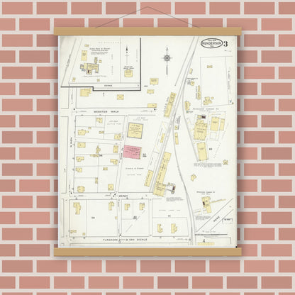 Old map wall art mockup — magnetic wood frame on brick wall — Sanborn Fire Insurance Map from Henderson, Rusk County, Texas (1919), Sheet #0003