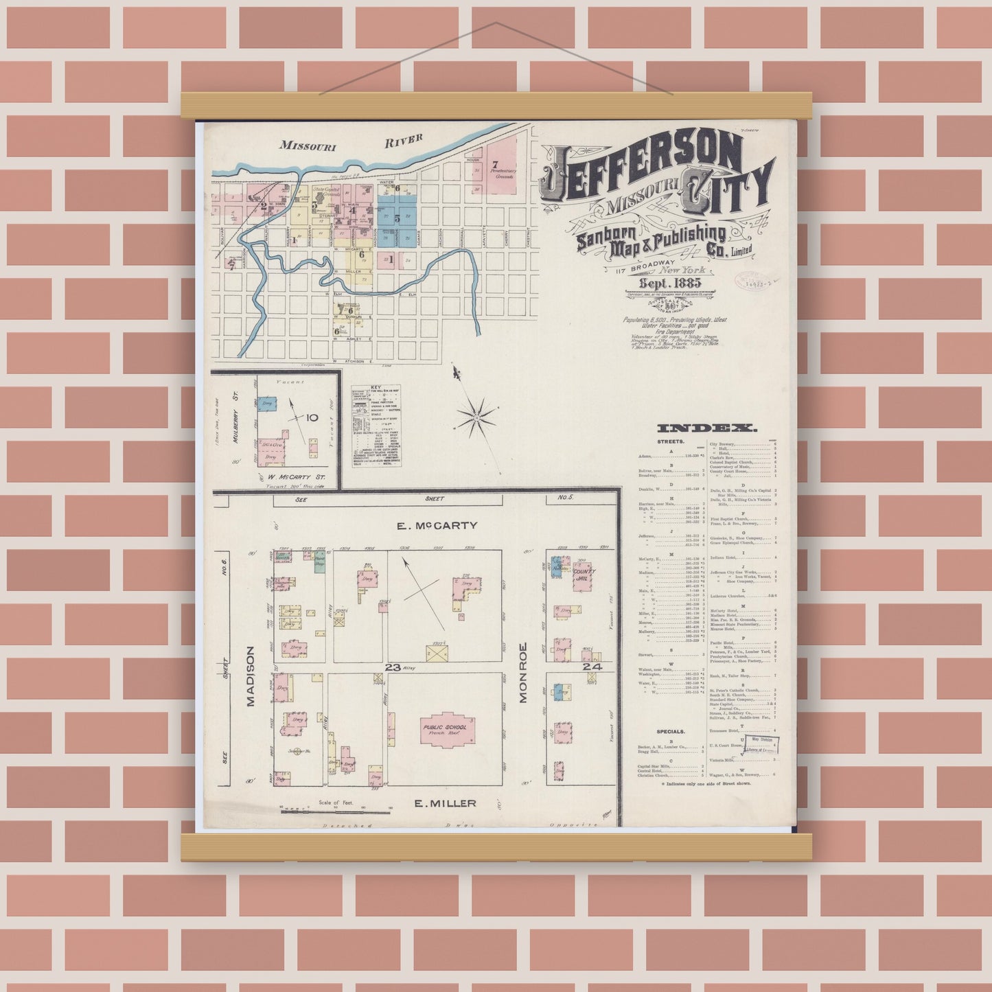 Old map wall art mockup — magnetic wood frame on brick wall — Sanborn Fire Insurance Map from Jefferson City, Cole County, Missouri (1885), Sheet #0001