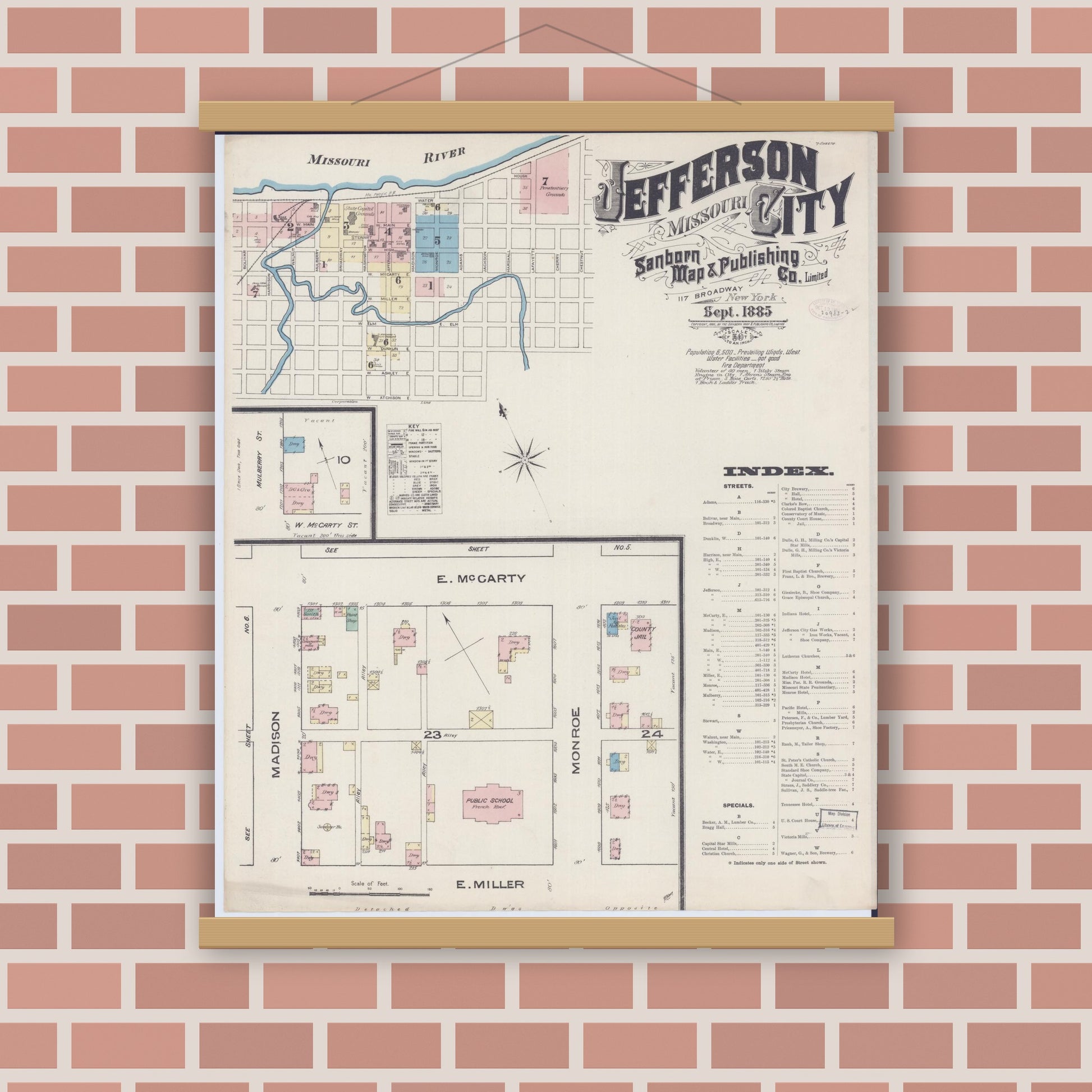 Old map wall art mockup — magnetic wood frame on brick wall — Sanborn Fire Insurance Map from Jefferson City, Cole County, Missouri (1885), Sheet #0001