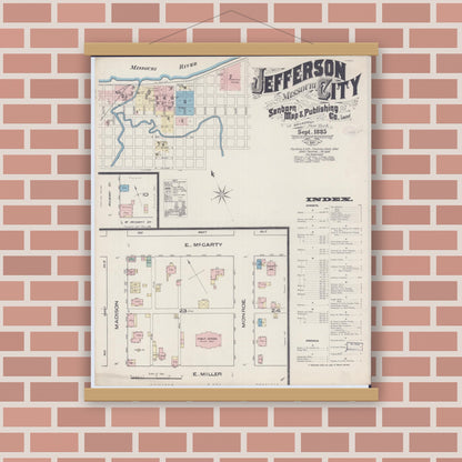 Old map wall art mockup — magnetic wood frame on brick wall — Sanborn Fire Insurance Map from Jefferson City, Cole County, Missouri (1885), Sheet #0001