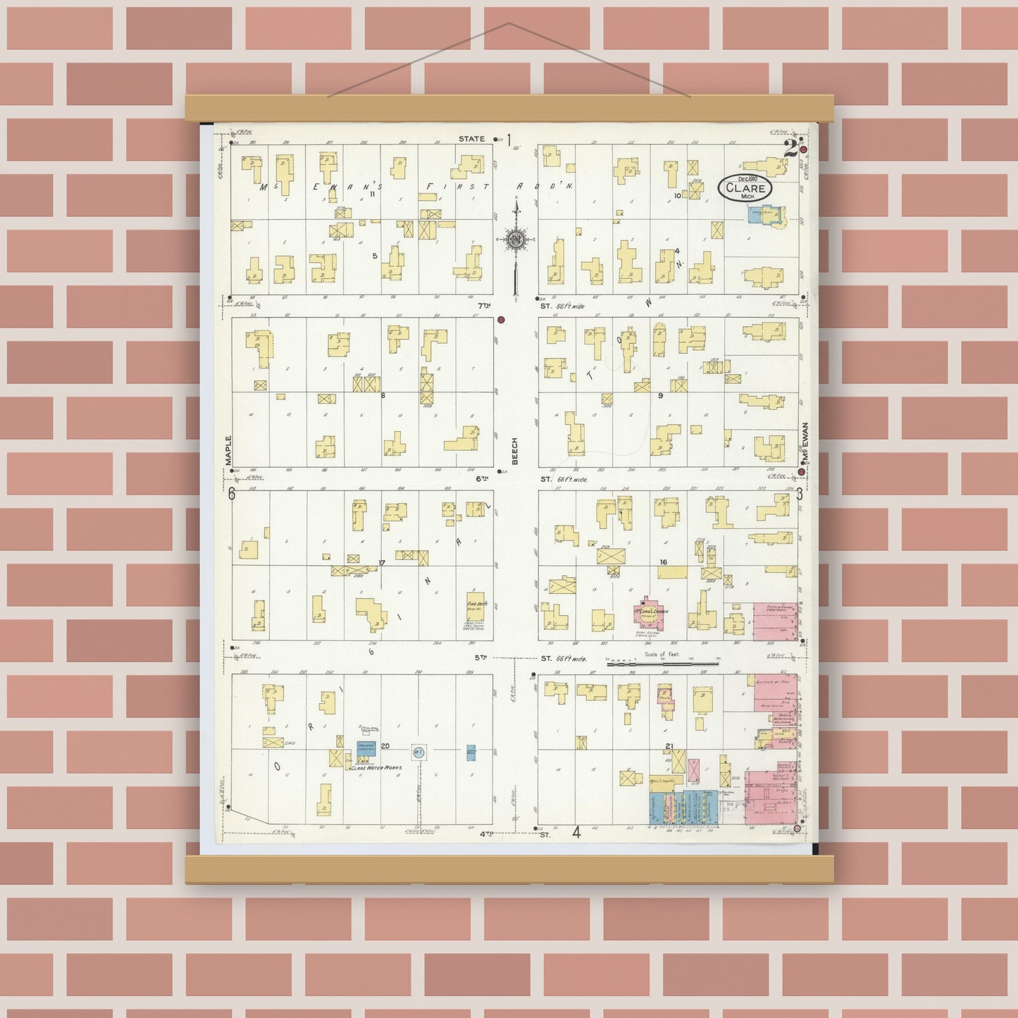 Old map wall art mockup — magnetic wood frame on brick wall — Sanborn Fire Insurance Map from Clare, Clare County, Michigan (1910), Sheet #0002
