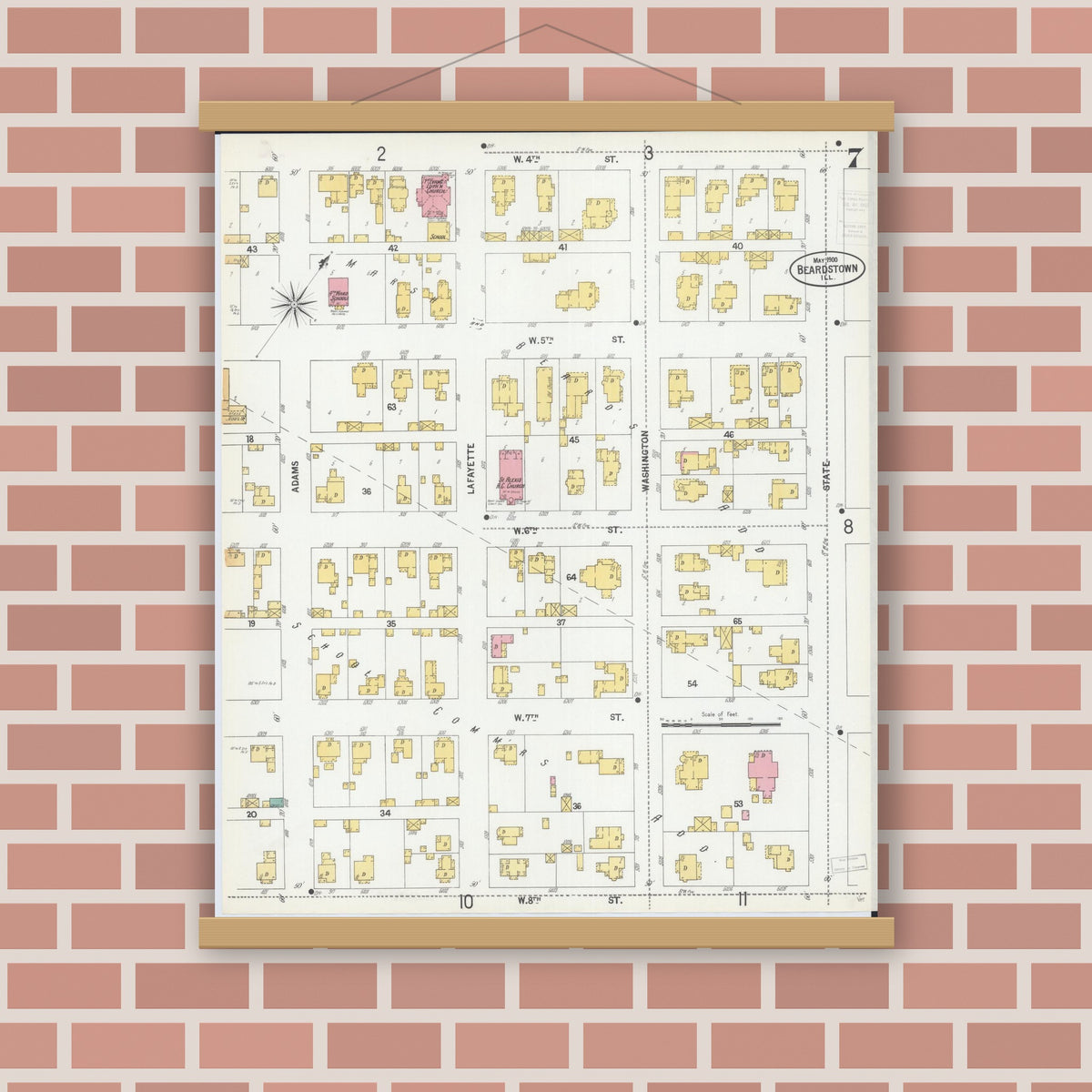 Old map wall art mockup — magnetic wood frame on brick wall — Sanborn Fire Insurance Map from Beardstown, Cass County, Illinois (1900), Sheet #0007