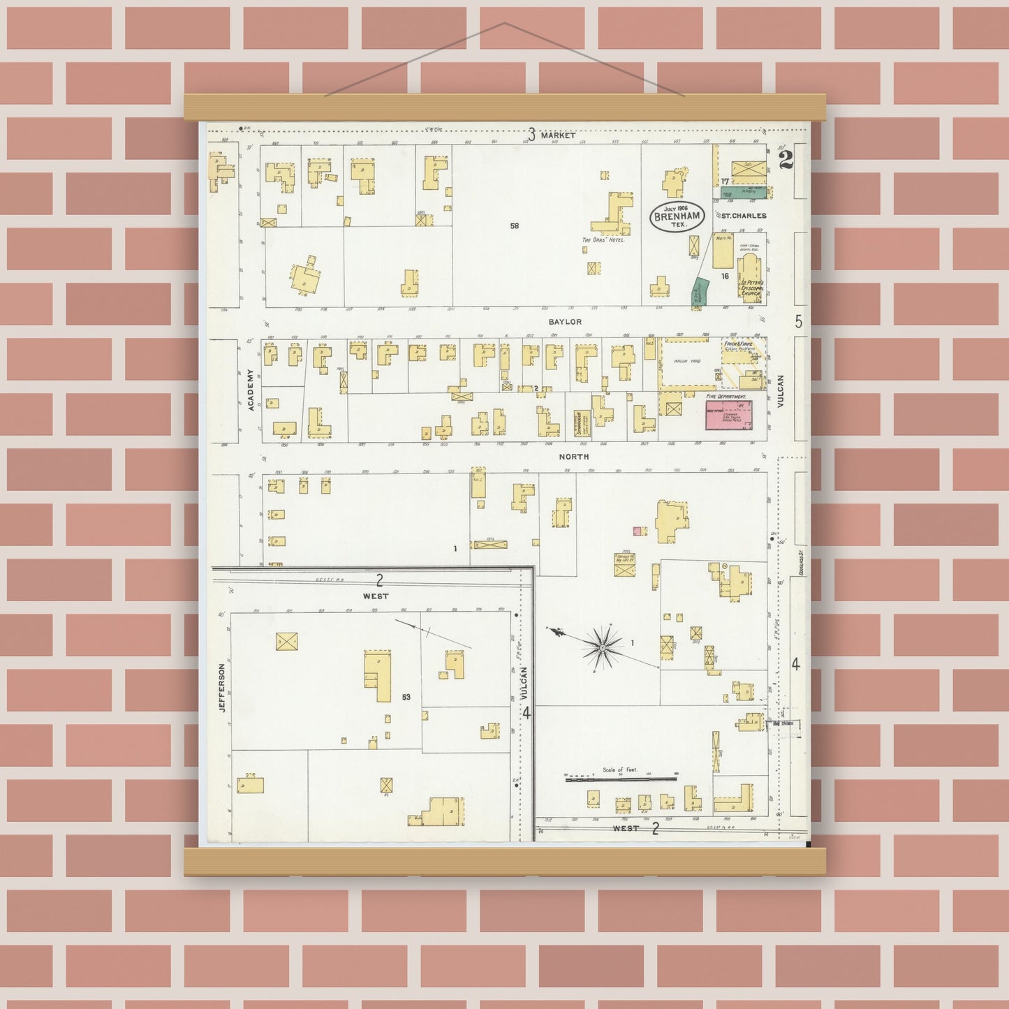 Old map wall art mockup — magnetic wood frame on brick wall — Sanborn Fire Insurance Map from Brenham, Washington County, Texas (1906), Sheet #0002