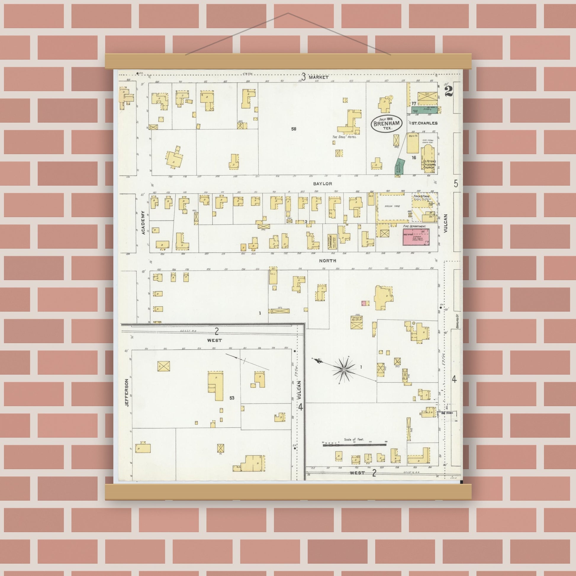 Old map wall art mockup — magnetic wood frame on brick wall — Sanborn Fire Insurance Map from Brenham, Washington County, Texas (1906), Sheet #0002