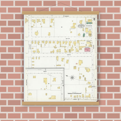 Old map wall art mockup — magnetic wood frame on brick wall — Sanborn Fire Insurance Map from Brenham, Washington County, Texas (1906), Sheet #0002