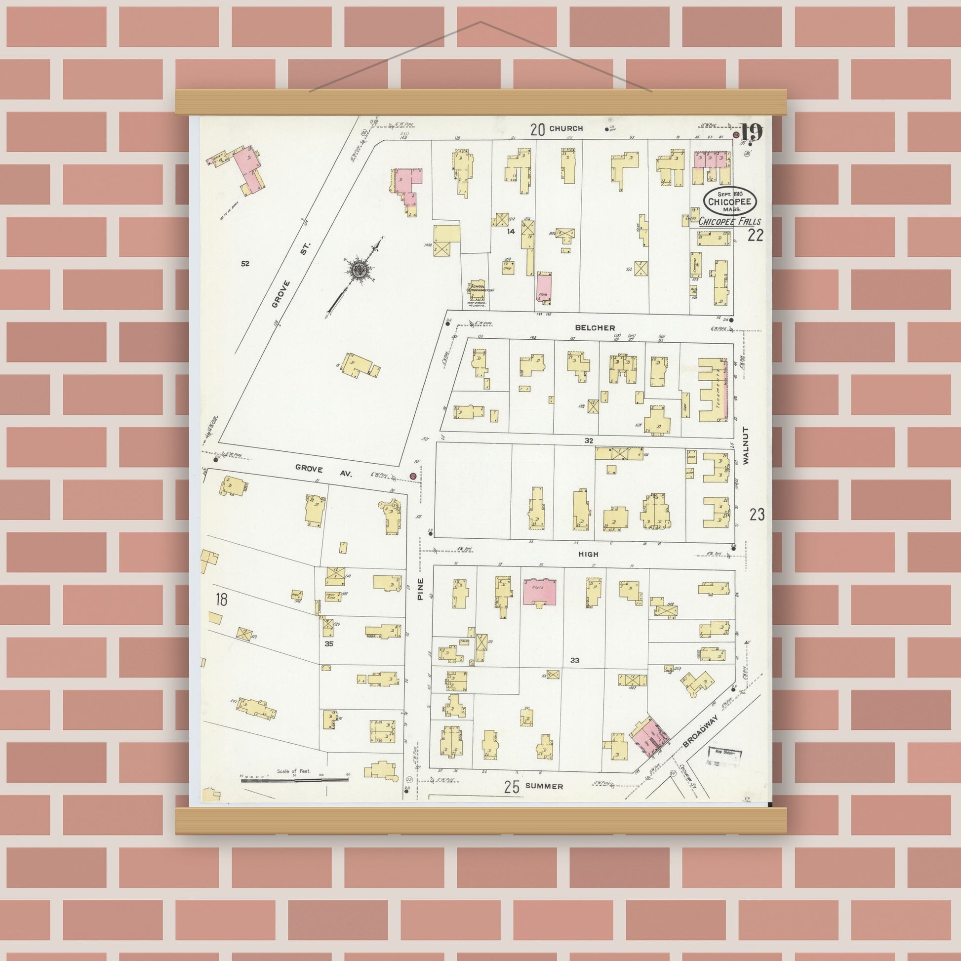 Old map wall art mockup — magnetic wood frame on brick wall — Sanborn Fire Insurance Map from Chicopee, Hampden County, Massachusetts (1910), Sheet #0019