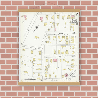 Old map wall art mockup — magnetic wood frame on brick wall — Sanborn Fire Insurance Map from Chicopee, Hampden County, Massachusetts (1910), Sheet #0019