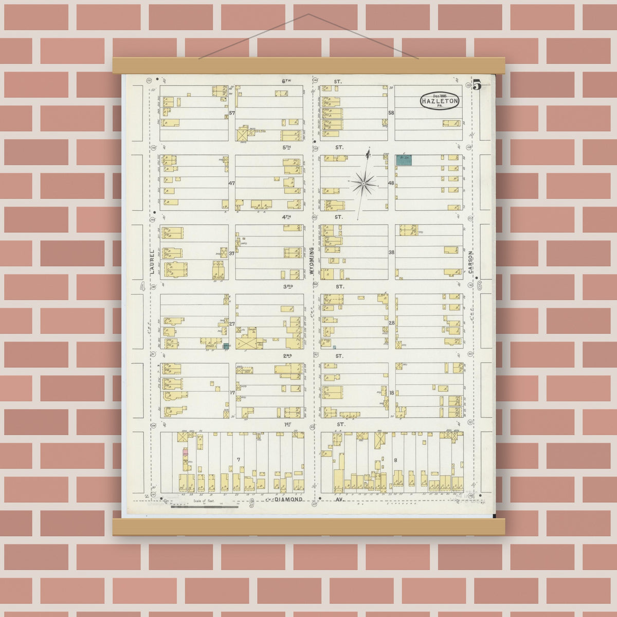 Old map wall art mockup — magnetic wood frame on brick wall — Sanborn Fire Insurance Map from Hazleton, Luzerne County, Pennsylvania (1895), Sheet #0005