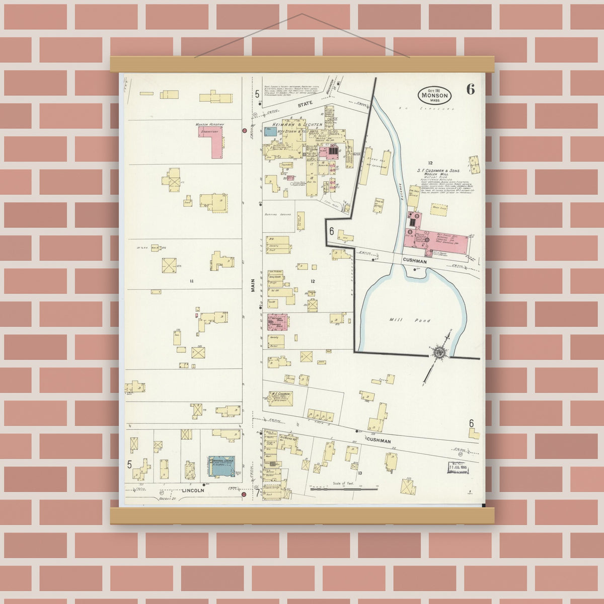Old map wall art mockup — magnetic wood frame on brick wall — Sanborn Fire Insurance Map from Monson, Hampden County, Massachusetts (1911), Sheet #0006