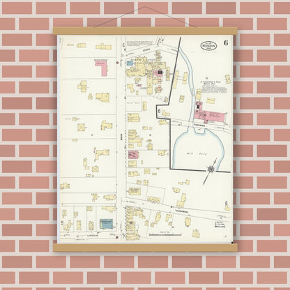 Old map wall art mockup — magnetic wood frame on brick wall — Sanborn Fire Insurance Map from Monson, Hampden County, Massachusetts (1911), Sheet #0006