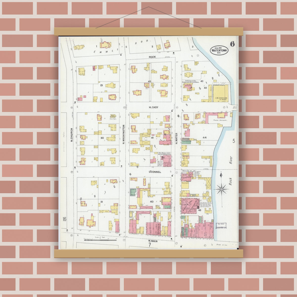 Old map wall art mockup — magnetic wood frame on brick wall — Sanborn Fire Insurance Map from Watertown, Jefferson County, Wisconsin (1901), Sheet #0006