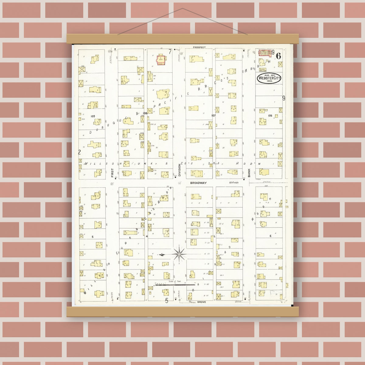 Old map wall art mockup — magnetic wood frame on brick wall — Sanborn Fire Insurance Map from Webster City, Hamilton County, Iowa (1907), Sheet #0006