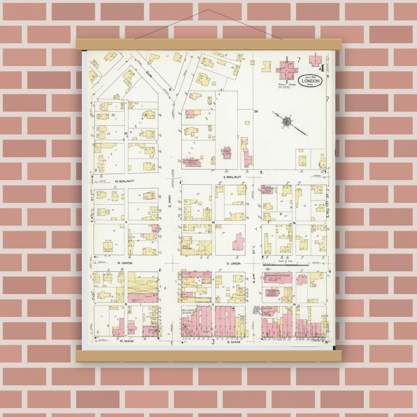 Old map wall art mockup — magnetic wood frame on brick wall — Sanborn Fire Insurance Map from London, Madison County, Ohio (1910), Sheet #0004